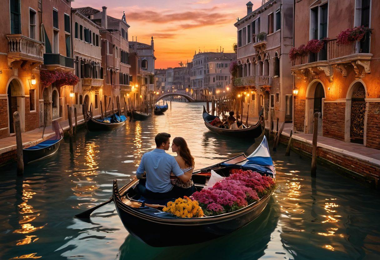 A picturesque scene of a couple in a gondola gliding through the serene canals of Venice, adorned with vibrant flowers and fairy lights overhead. In the background, iconic Venetian architecture and the sunset casting a golden hue over the water create a romantic atmosphere. Soft whispers of love and elegance embodied in the couple's gaze. super-realistic. vibrant colors. sunset ambiance.