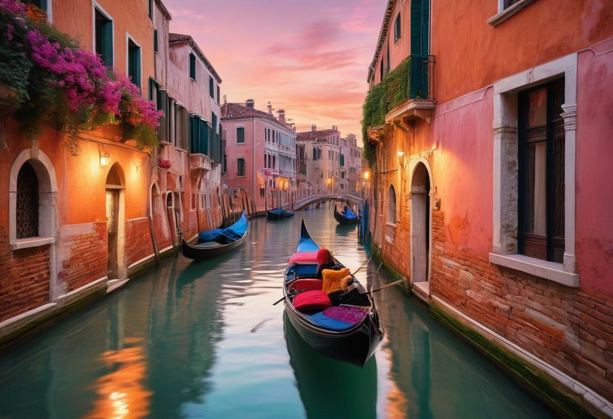 A picturesque view of a gondola gliding through the serene canals of Venice at sunset, with charming historic buildings and lush greenery reflected in the water. The scene captures a couple enjoying a romantic moment, surrounded by twinkling fairy lights and colorful flowers. Soft, warm hues of orange and pink fill the sky, evoking a passionate atmosphere. super-realistic. vibrant colors. dreamy ambiance.